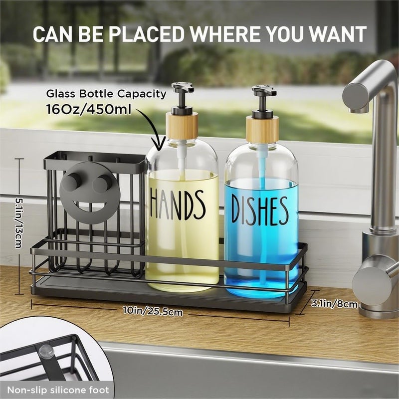 Moforoco Kitchen Dish Soap Dispenser Set, 16OZ Glass Bottle, Hand and Dish Soap Dispenser Set, Instant Dry Tray, Non-Slip Silicone Pad, Brush Holder with Sponge Holder, Kitchen Decor（Clear Bottle） - Image 4